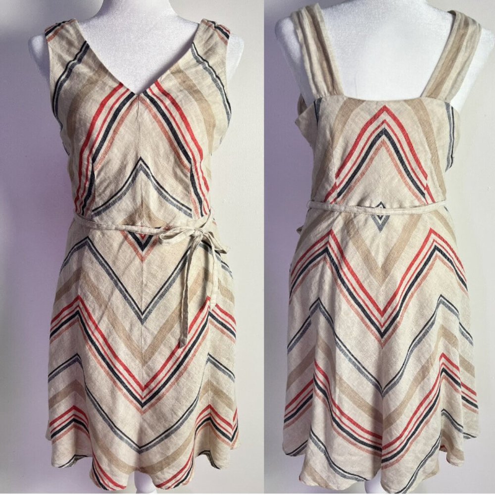LANDS END Striped 100% Linen Sundress V-Neck Side Zip Size 12